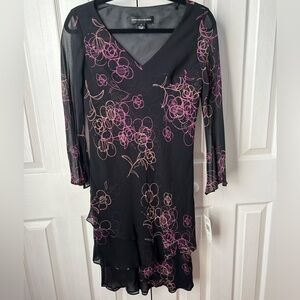 NWT Vintage Black Long Sleeve Floral Asymmetrical Tiered Dress - Size 4